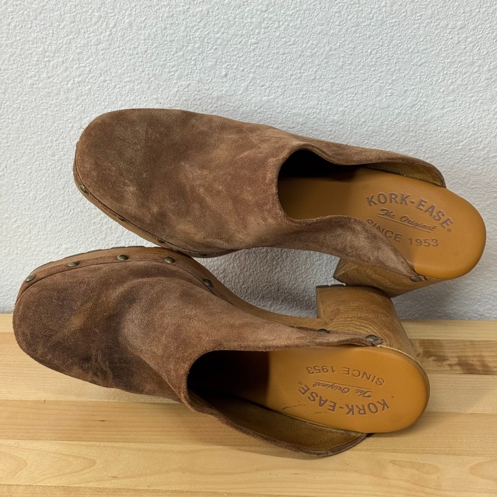 Kork-Ease Brown Suede Studded Wood Platform Clogs Mules Women 8M KE0014806 *FLAW - Picture 3 of 10